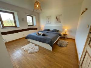 1 dormitorio con 1 cama y 2 ventanas en Le gîte d’Hayen, en Sprimont