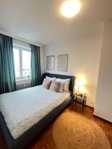 a bedroom with a bed and a window and a rug at Amajed in Namur
