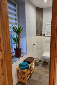 La salle de bains est pourvue de toilettes et d'une plante en pot. dans l'établissement Urlaub im Friseursalon, à Sebnitz