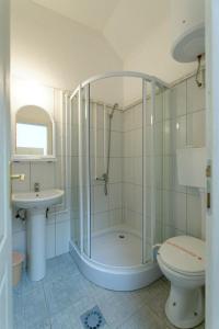 La salle de bains est pourvue d'une douche, de toilettes et d'un lavabo. dans l'établissement Hostel Paparazzo Apartmens, à Kikinda