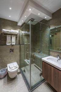 een badkamer met een douche, een toilet en een wastafel bij Jasmine Pyramids Hotel in Caïro