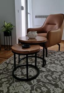 einen Stuhl und einen Couchtisch im Wohnzimmer in der Unterkunft Apartman TIM LUX 1 in Vrnjačka Banja