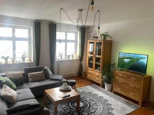 a living room with a couch and a tv at Altstadt Ferienwohnung in Brandenburg an der Havel