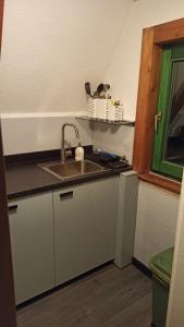a kitchen with a sink and a counter top at Bungalow Sud-Harz Bleicherode onder in Bleicherode