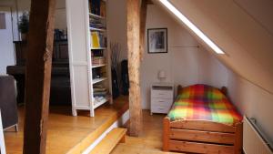 a attic room with a bed and a book shelf at Appartement de Voshaar in Enschede