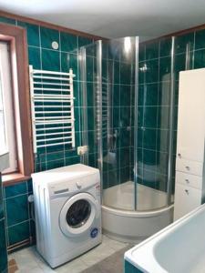 ein Bad mit einer Waschmaschine und einer Dusche in der Unterkunft Noclegi u Janusza in Zalesie