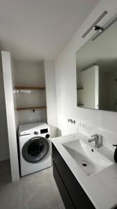 a bathroom with a washing machine and a sink at ' Zilten Huus Zoutelande in Zoutelande +31 photos