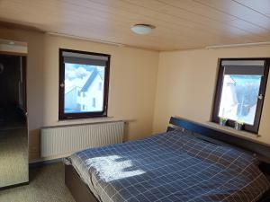 ein Schlafzimmer mit einem Bett und zwei Fenstern in der Unterkunft Feriënhaus Hohe Acht in Siebenbach