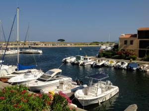 Er liggen boten in een haven. bij Appartement-Marina climatisé 4 couchages avec Piscine in Saint Cyprien Plage