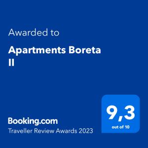 Certifikát, hodnocení, plakát nebo jiný dokument vystavený v ubytování Apartments Boreta II