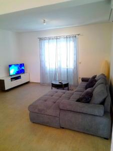 a living room with a couch and a flat screen tv at House Forest&Beach Relax in Rab +31 photos