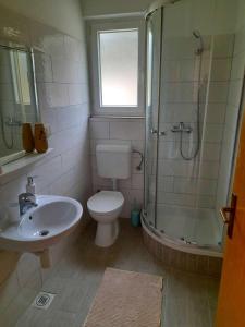 a bathroom with a toilet and a shower and a sink at House Forest&Beach Relax in Rab