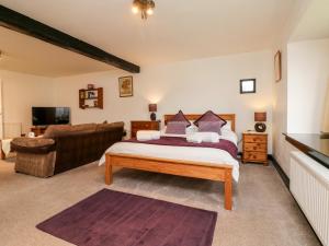 a bedroom with a bed and a couch and a television at Priory House Cottage in Barnstaple
