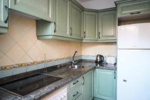 una cucina con armadi verdi, lavandino e frigorifero di Casa Juana, Adeje ad Adeje