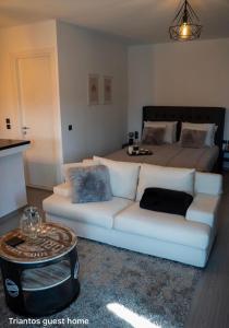 Triantos Guesthome Studio في تريبوليس: غرفة معيشة مع أريكة بيضاء وسرير