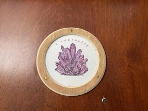 a plate with a purple flower on a wooden wall at L améthystes in Crozon