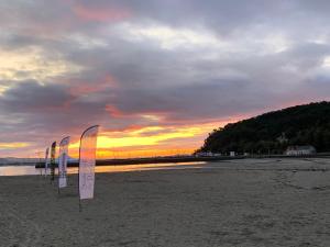 a row of surfboards on the beach at sunset at L améthystes in Crozon