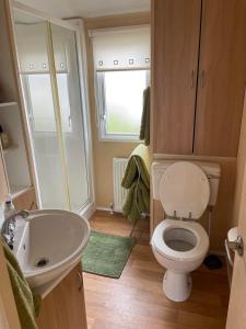 a small bathroom with a toilet and a sink at Chalet 40, Cleethorpes in Humberston