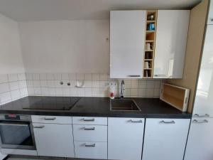 eine kleine Küche mit weißen Schränken und einem Waschbecken in der Unterkunft Feriënhaus Hohe Acht in Siebenbach