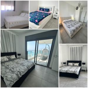 a collage of four pictures of a bedroom with a bed and a balcony at Panorama Apartment " City Garden " in Bat Yam