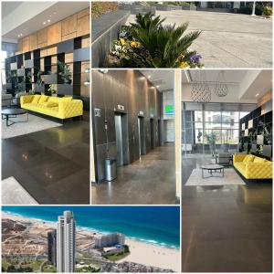 uma colagem de fotos de um edifício com mobiliário amarelo em Panorama Apartment " City Garden " em Bat Yam