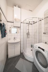 e bagno con servizi igienici, lavandino e doccia. di Josefov Riverside Apartment a Praga