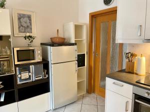 特賴斯卡爾登的住宿－Ferienwohnung Hilger，厨房配有冰箱和微波炉。