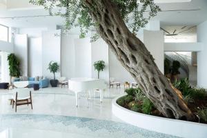 a large tree in a lobby with a table and chairs at Domes Miramare, a Luxury Collection Resort, Corfu - Adults Only in Moraitika