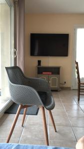 勒沙托多萊龍的住宿－Iløt Vacances Le Château D Oleron，客厅里设有椅子和电视
