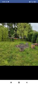 a park with a fire pit in the grass at Domek nad jeziorem in Ryn