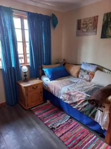 1 dormitorio con 1 cama con cortinas azules y alfombra en The Big tree @ Sabie, en Sabie
