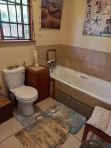 a bathroom with a toilet and a bath tub at The Big tree @ Sabie in Sabie