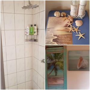 a collage of three pictures of a bathroom with a shower at The Big tree @ Sabie in Sabie