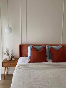 sypialnia z łóżkiem z czerwonymi i niebieskimi poduszkami w obiekcie Apartament Lublin Centrum "Angora Cat" w mieście Lublin