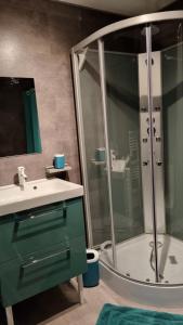a bathroom with a shower and a sink and a tub at L'Honna Flow, appartement de charme près du centre. in Honfleur +17 photos