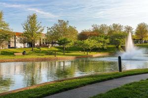 帕迪尤卡的住宿－西帕迪尤卡萬怡酒店，公园中央的喷泉池塘