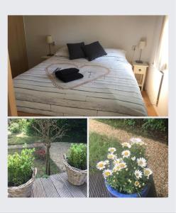 two pictures of a bed with flowers in a bedroom at Sunnychalet in Beekbergen