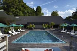 a swimming pool with lounge chairs and umbrellas at Mulu Marriott Resort in Mulu