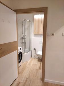 La salle de bains est pourvue d'une douche et de toilettes. dans l'établissement Apartament Morze Sztuki, Jantar, à Jantar