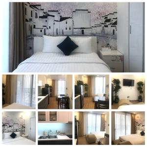 un collage de photos d'une chambre avec un lit dans l'établissement NK#Homestay#Greenbay#Studio#C2, à Hanoï