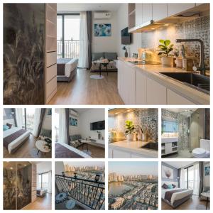 un collage de photos d'une cuisine et d'un salon dans l'établissement NK#Homestay#Greenbay#Studio#C3, à Hanoï