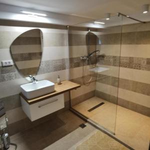 La salle de bains est pourvue d'un lavabo et d'une douche avec un miroir. dans l'établissement Rustic House Busteni, à Buşteni