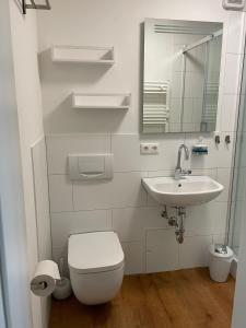 a white bathroom with a toilet and a sink at Altstadt Apartment Augustiner in Erfurt