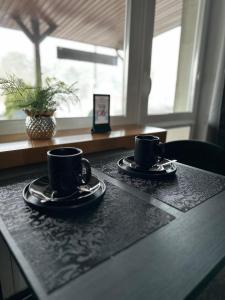dos tazas de café negras sentadas en una mesa en Zajazd Irina, en Białystok