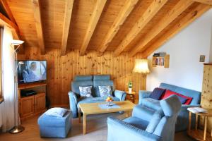 sala de estar con sofás azules y TV en Monte Rosa Täsch, Apartments mit Wellness Bereich en Täsch