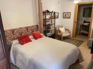 科爾多瓦的住宿－Apartamento en Casa Patio "Pan y Conejo"，一间卧室配有一张带两个红色枕头的床