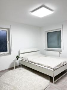 a white bedroom with a bed and two windows at Neu sanierte Einzimmerwohnung in Bad Nauheim