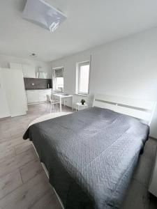 um quarto com uma cama grande e uma cozinha em Neu sanierte Einzimmerwohnung em Bad Nauheim