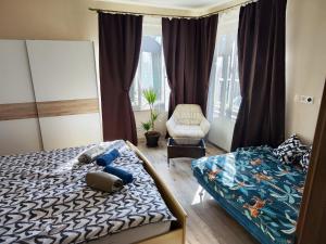 Veludo Apartments في بانسكا بيستريتسا: غرفة نوم بسريرين وكرسي ونافذة
