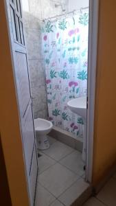 Un baño con cortina de ducha y lavabo. en Victoria apart, en San Ramón de la Nueva Orán